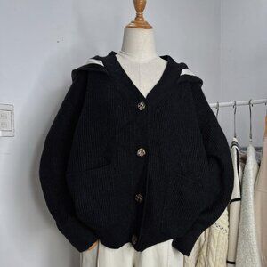 Cozy Black Hooded Cardigan Ribbed Knit Sweater